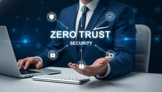 Businessman presenting zero trust network security concept with digital shield icon