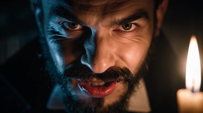 A close-up video of a vampire smiling menacingly with a candle lit beside him in a dark room