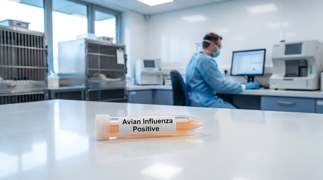 Scientist in lab coat works on computer beside positive flu sample in hospital laboratory setting.