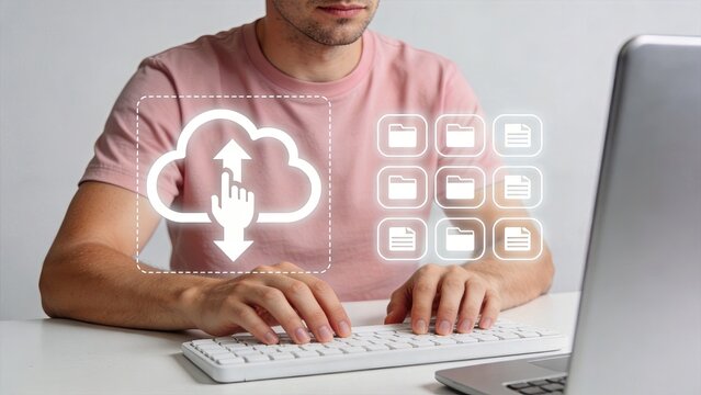 Man using keyboard with cloud computing icon, file upload and download concept, data storage technology, digital backup system, online server synchronization, virtual network
