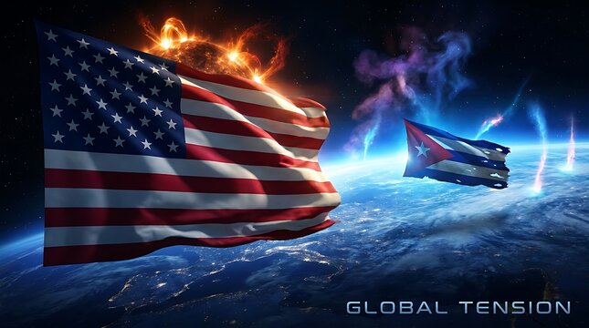 The American flag burns with flames as it faces the Cuban flag in space, symbolizing global tension between two nations.