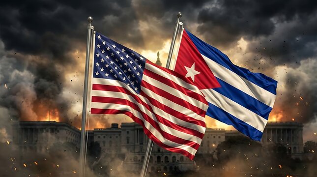 American and Cuban flags waving amidst a war-torn cityscape with burning buildings and dark clouds