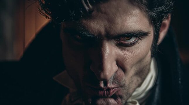A close-up video shot of a vampire with fangs and a menacing expression in a dark setting