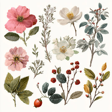 Various flowers and leaves on white background for botanical illustrations