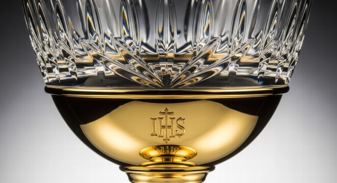 Ornate golden chalice with IHS symbol, a sacred vessel for communion