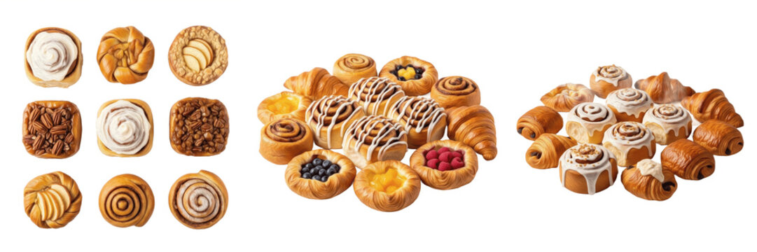 Set assorted fresh danish pastries cinnamon rolls and sweet bakery treats top view isolated collection delicious handmade golden brown baked goods variety professional food photography isolated on whi