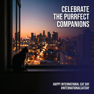 International Cat Day social media template featuring a cat silhouette looking at a blurred city sunset with text overlay celebrating the perfect companions.