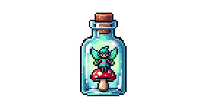 Pixel Art Fairy in a Bottle with Mushroom.
