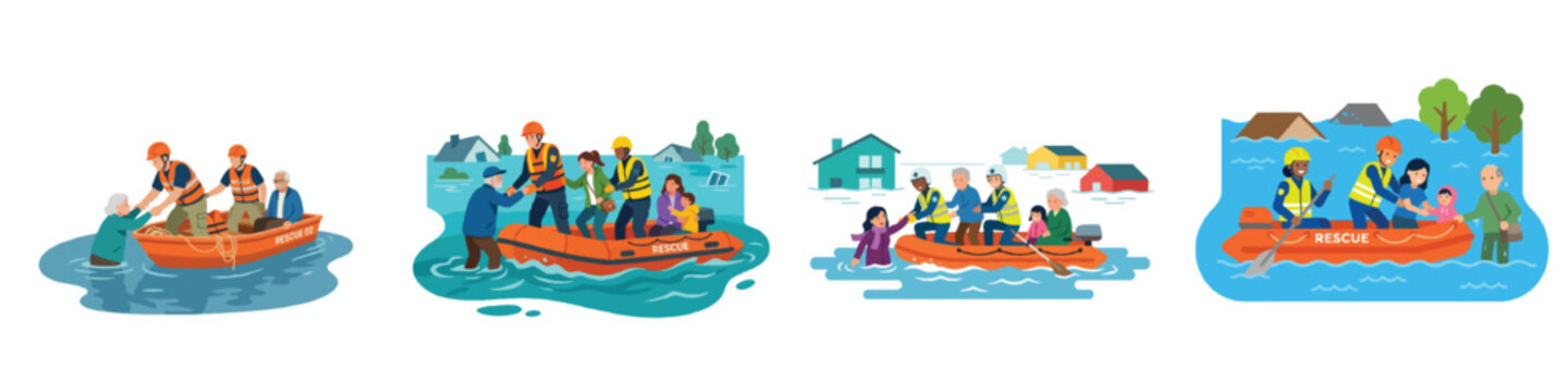 A flat design illustration of rescue workers in bright vests helping people out of a flooded area using a small boat. Simple and minimalist, no outlines, modern bright colors, plain white background.