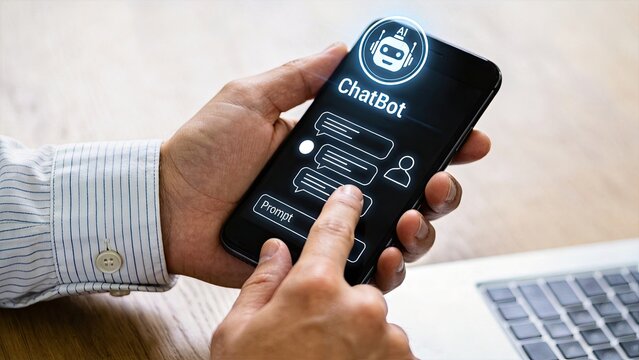 Person using a smartphone with an AI chatbot interface on screen, demonstrating modern digital communication and automated customer support technology.