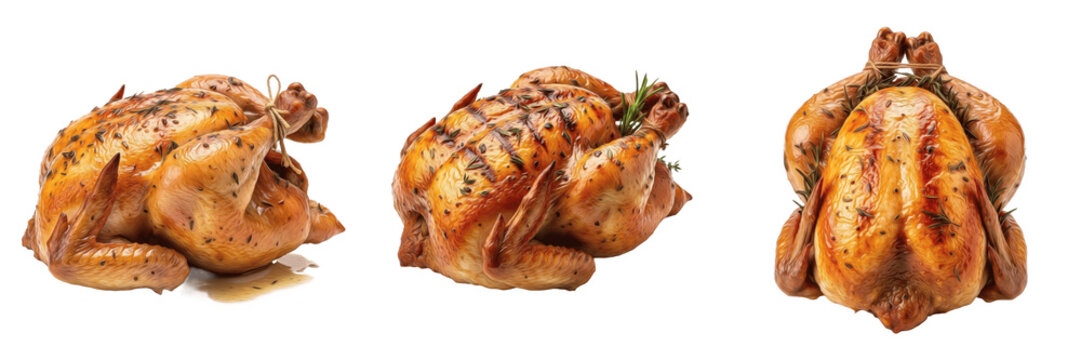 Roasted Whole Chicken Set Isolated on White Background - High Quality Stock Photo PNG