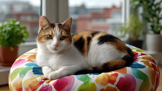 Domestic cat resting on colorful pillow near window