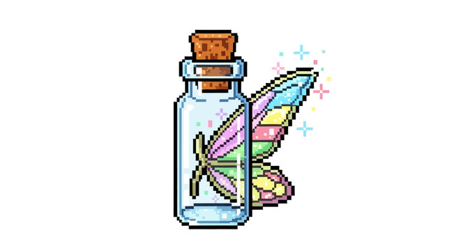 Pixel Art Fairy Potion Bottle with Colorful Wings.