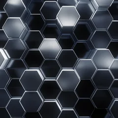Shiny silver honeycomb background of patterned hexagons. Array of gray 3d rendered hex shapes creating a visual of a sleek, polished pattern for futuristic, scientific, or technical backgrounds. © Leigh Prather