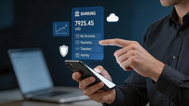 Mobile banking application interface on smartphone showing account balance and payment options, fintech solution, online financial transaction, money transfer service, digital