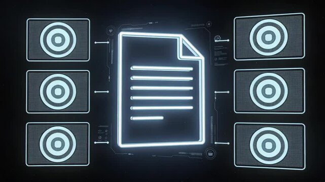 Glowing digital document hologram in futuristic space interface with virtual data streams and HUD elements