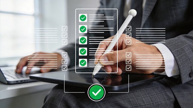 Professional completing digital checklist on tablet with stylus pen, task management, project planning, workflow optimization, efficiency, compliance, audit process, business