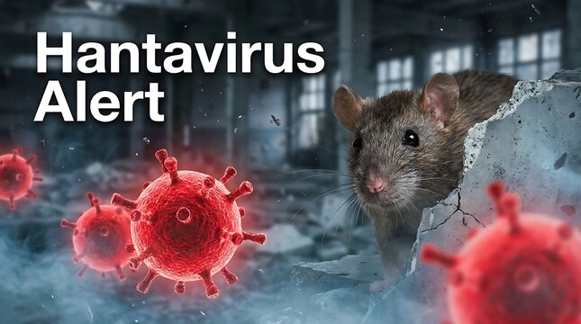 Hantavirus outbreak occurs in abandoned building with a scared mouse surrounded by red virus particles indoors.