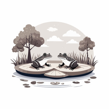 Two Frogs Sitting on Lily Pads in a Pond