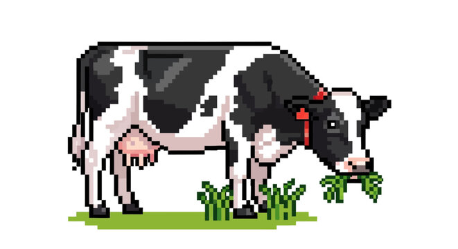 Pixel Art Holstein Friesian Cow Grazing in Green Field.