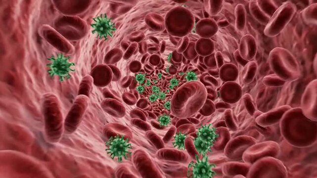 A video showing viruses in the bloodstream along with red blood cells.