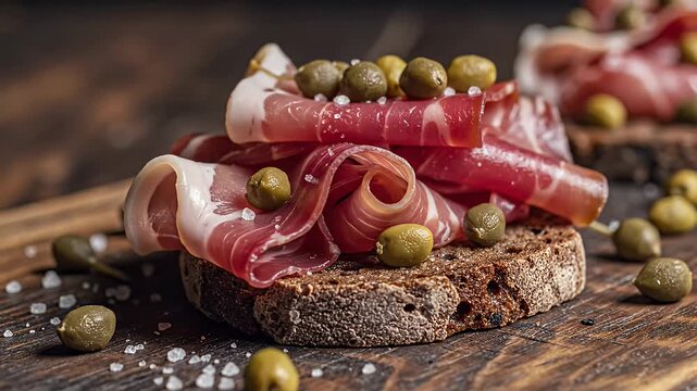 Close up of appetizer with meat bread and olives on a wooden surface
