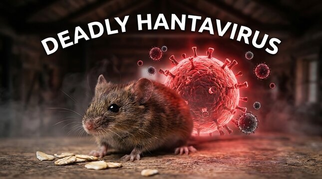 A brown rodent stands on a dusty floor with scattered seeds, facing left, with a red virus particle behind it in a dimly lit abandoned building, highlighting deadly hantavirus.