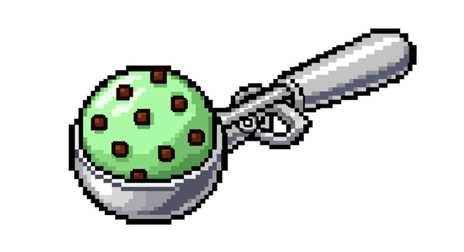 Pixel Art Mint Chocolate Chip Ice Cream Scoop.