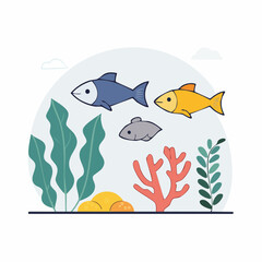 Fototapeta premium Cute Cartoon Fish Swimming Underwater with Coral and Seaweed
