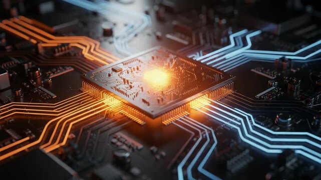 Glowing central processing chip with vibrant orange and blue circuit paths symbolizing advanced technology and digital energy