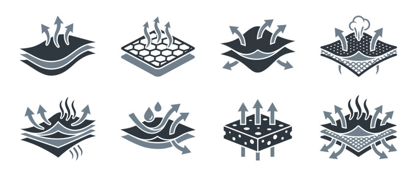 A collection of icons representing breathability, moisture management, and thermal regulation in materials, highlighting their functions and benefits in various applications.
