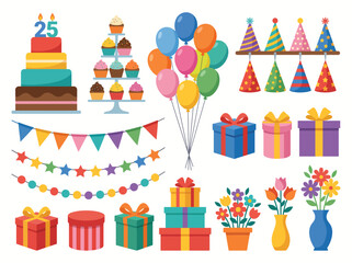Obraz premium This joyful illustration depicts a festive celebration filled with balloons, cake, flowers, and presents, capturing the spirit of joy and togetherness in vibrant colors.