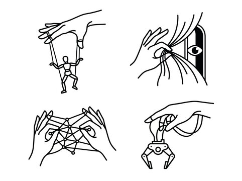 This artistic depiction showcases hands manipulating strings and puppets, symbolizing connections, control, and the complexity of relationships in a minimalist black-and-white style.