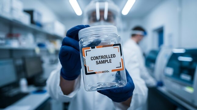 A gloved hand holds up a controlled sample jar in a laboratory with scientists working.