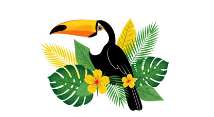 Fototapeta premium Tropical Toucan Bird with Exotic Leaves and Flowers, Vibrant Jungle Illustration