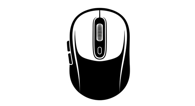 Modern computer mouse icon with scroll wheel and side buttons, black and white vector graphic of a pointing device