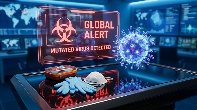 Scientists in lab detect mutated virus with alert on screens showing global maps and medical equipment.
