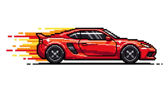 Pixel Art Red Sports Car Speeding Motion Blur.