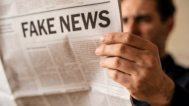 Man reading a newspaper with the headline "FAKE NEWS".