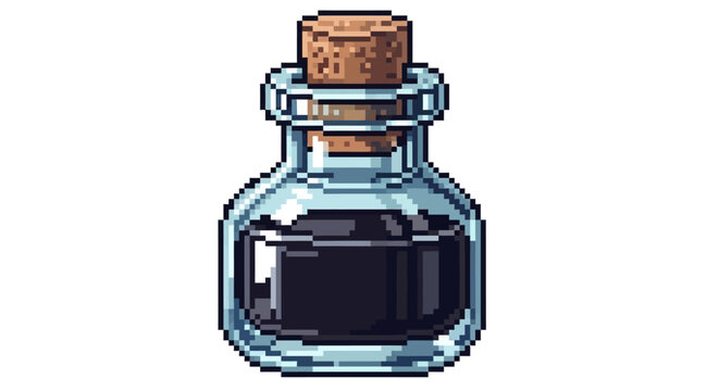 Pixel Art Potion Bottle Filled With Dark Liquid.