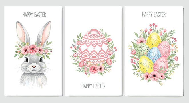 Watercolor easter cards with bunny eggs and floral decorations on white background