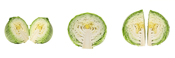 Fototapeta premium Fresh Green Cabbage Cut in Half, Healthy Crisp Leafy Vegetable Cross Section, Organic Raw Food Ingredient Transparent Background PNG