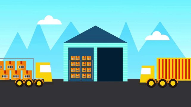 Logistics warehouse animation showing industrial cargo trucks loading cardboard boxes against a geometric mountain skyline.