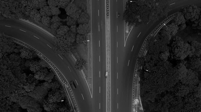 Black and white color graded monochrome aerial top down view of a highway cloverleaf interchange road split surrounded by dense dark trees