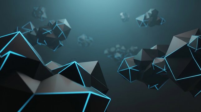 Abstract Low Poly Geometric Shapes with Neon Blue Lighting