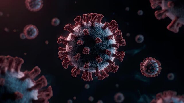 Coronavirus particles floating in dark space with red and blue hues