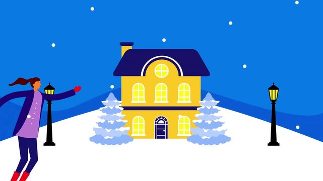 Winter girl animation running happily through a snowy neighborhood street flanked by illuminated street lamps.