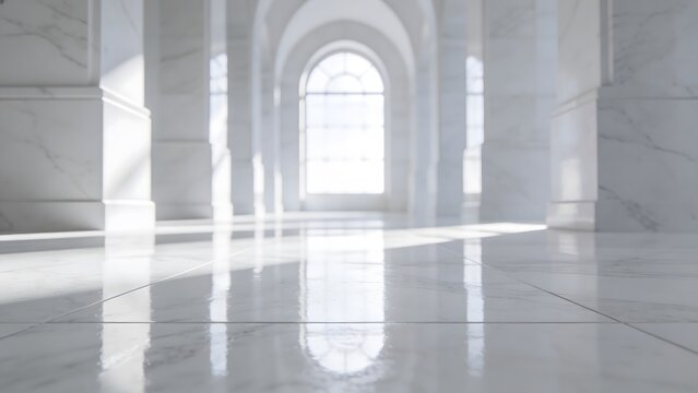 Bright, sunlit marble hall with classical architecture and a large arched window, creating an elegant and serene empty interior space.