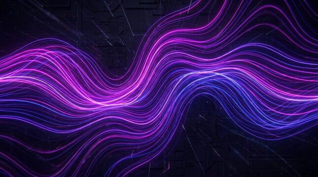 Dynamic Glowing Purple and Blue Waves on a Dark Tech Background