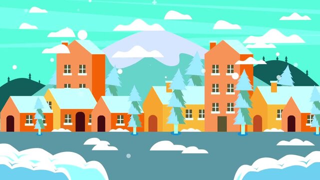 Winter town animation featuring a row of colorful cozy houses and snowy pine trees against a large distant mountain.